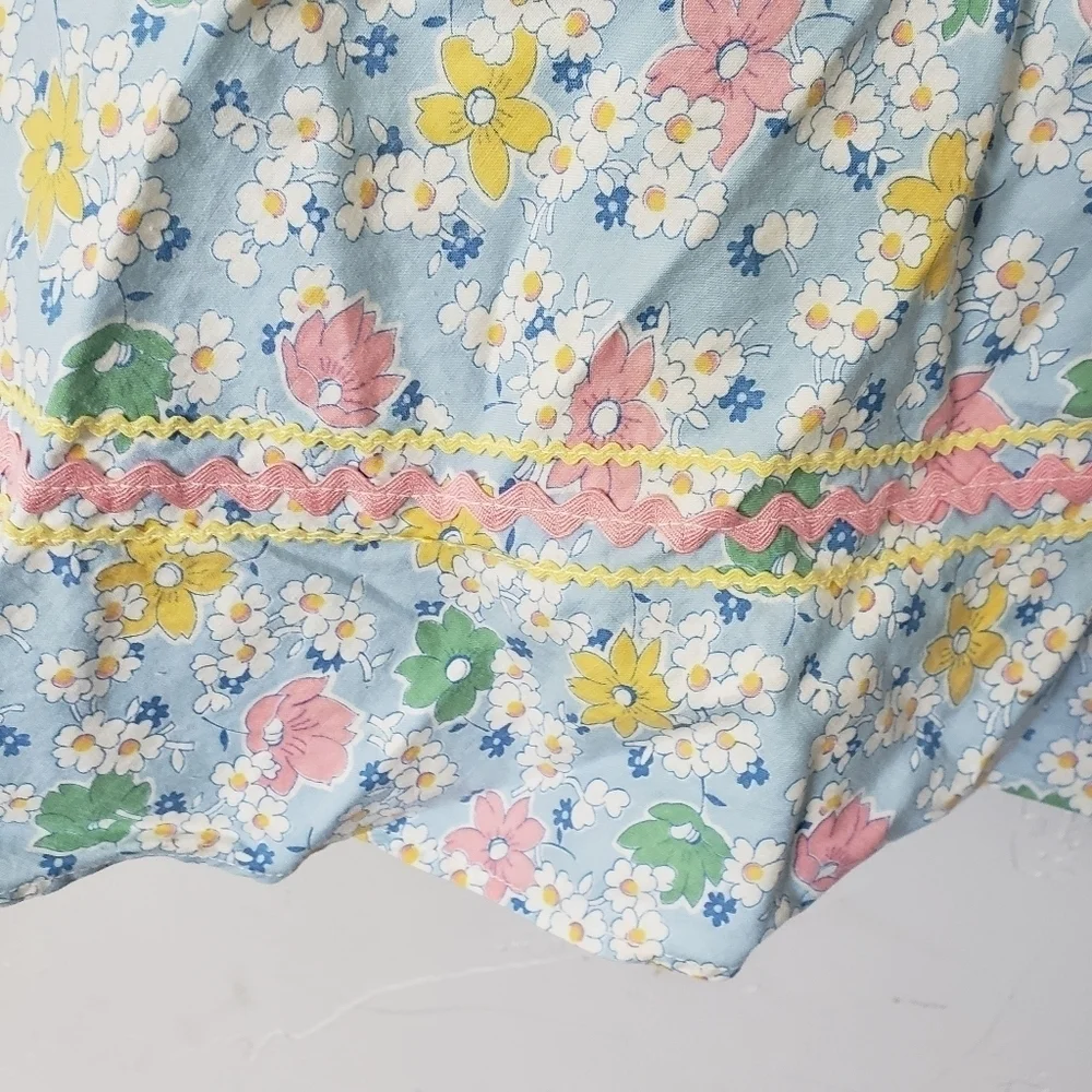 Vintage Handmade Skirt Waist Apron Floral Print Ric-Rac Pink Blue Yellow Green